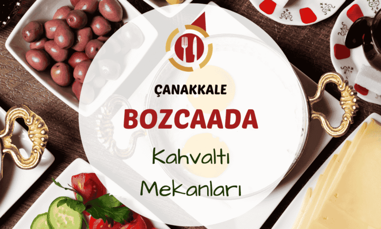 Çanakkale Bozcaada kahvaltı mekanlarını gösteren taş evler arasında veya deniz manzaralı bir bahçede kurulmuş serpme kahvaltı masası görseli