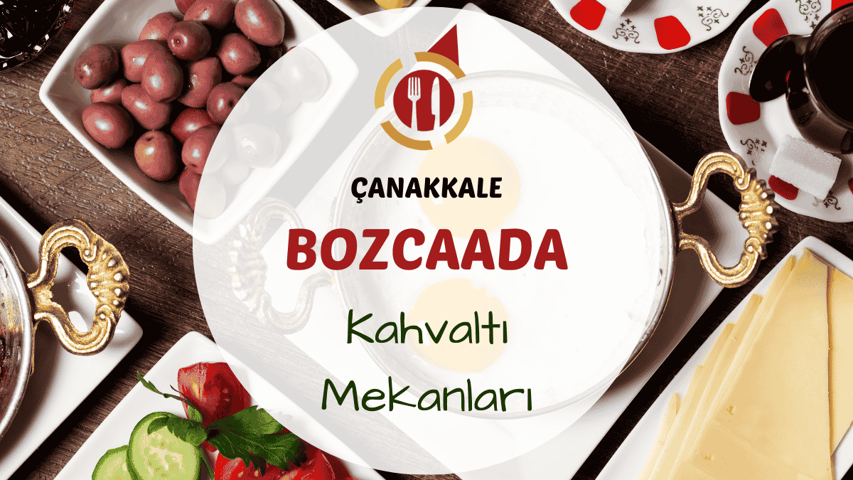 Çanakkale Bozcaada kahvaltı mekanlarını gösteren taş evler arasında veya deniz manzaralı bir bahçede kurulmuş serpme kahvaltı masası görseli
