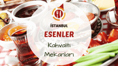 İstanbul Esenler kahvaltı mekanlarını gösteren mahalle arası sıcak bir serpme kahvaltı masası; simit, peynir, zeytin ve çayla hazırlanmış görsel